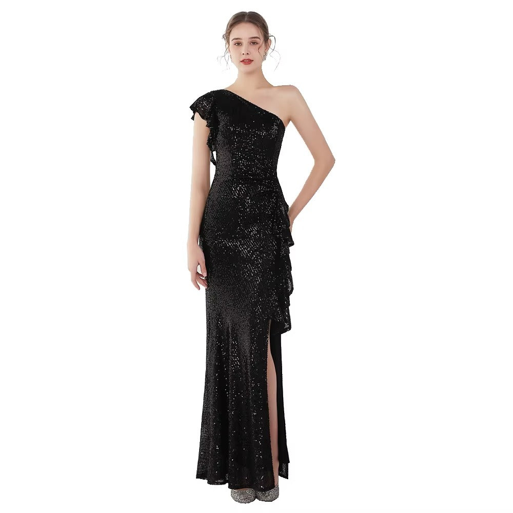 Elegant Champagne One-Shoulder Backless Satin Maxi Dress, Sequined Irregular Split Party Gown