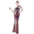 High-End One-Shoulder Diagonal Neckline Satin Evening Dress, Embroidered Magic Bead & Sequined Slim Fit