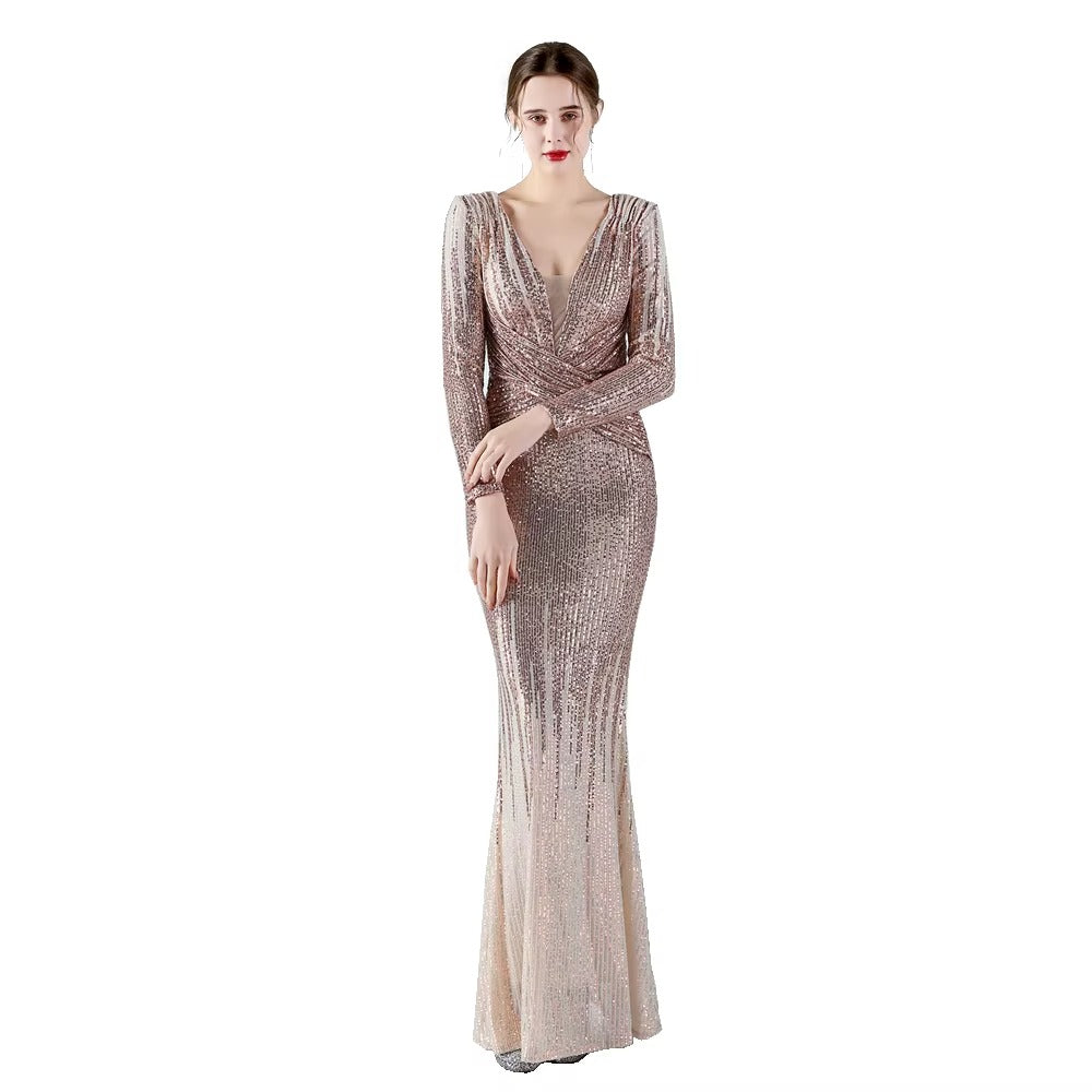 Elegant Luxury Long Sleeve Sequined Evening Gown, Embroidered High-Quality Party Dress
