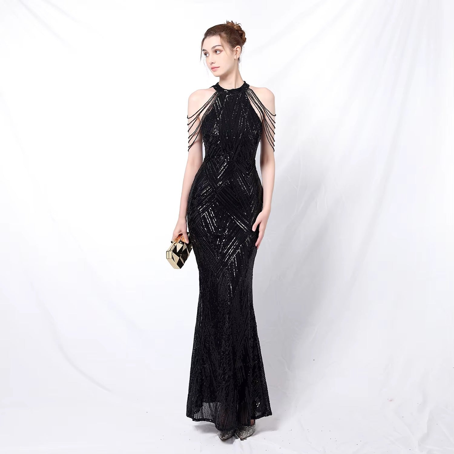 Elegant Embroidered Sequined Satin Halter Fishtail Evening Gown