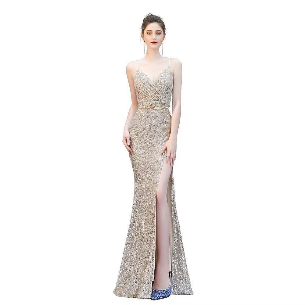 Sexy Sleeveless Slit Sequin Embroidered Maxi Evening Dress