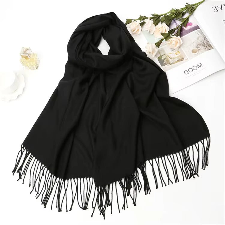 Wholesale Women's Black Solid Tassel Cashmere Pashmina Scarf