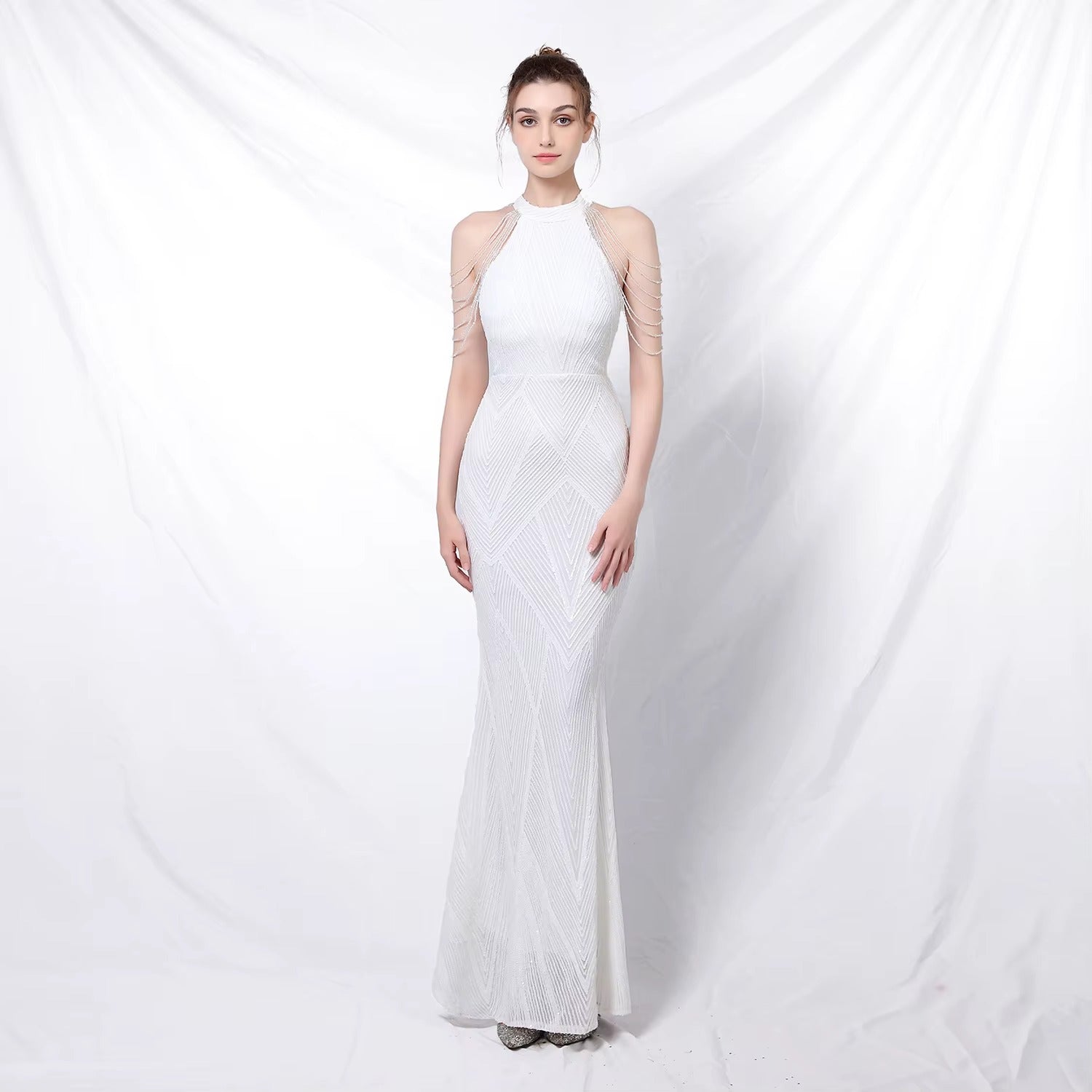 Elegant Embroidered Sequined Satin Halter Fishtail Evening Gown