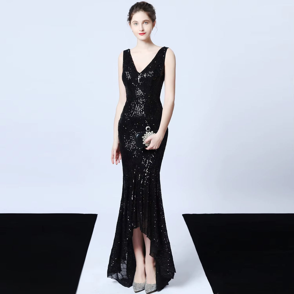 New High-low Embroidered Satin Evening Gown, Glitter Party Ball Dress