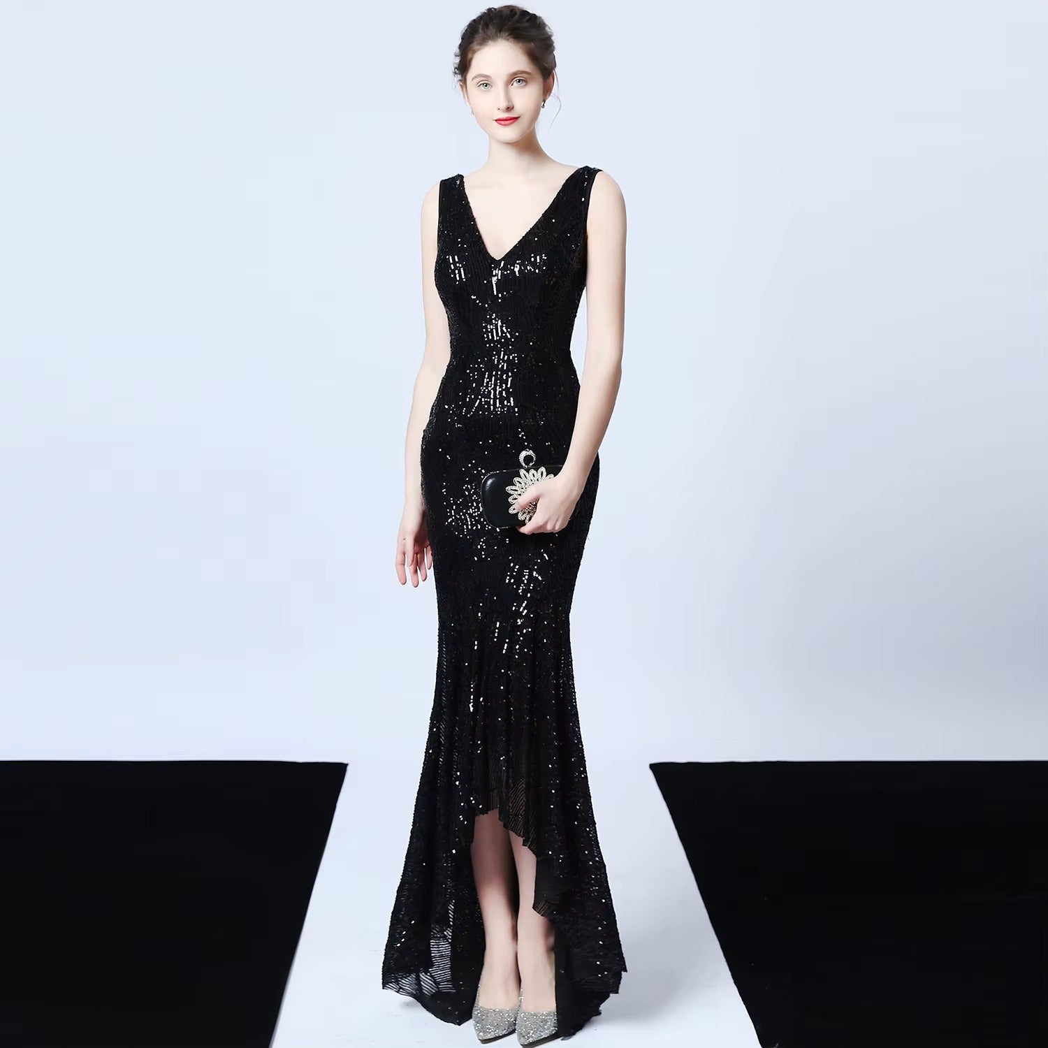 New High-low Embroidered Satin Evening Gown, Glitter Party Ball Dress