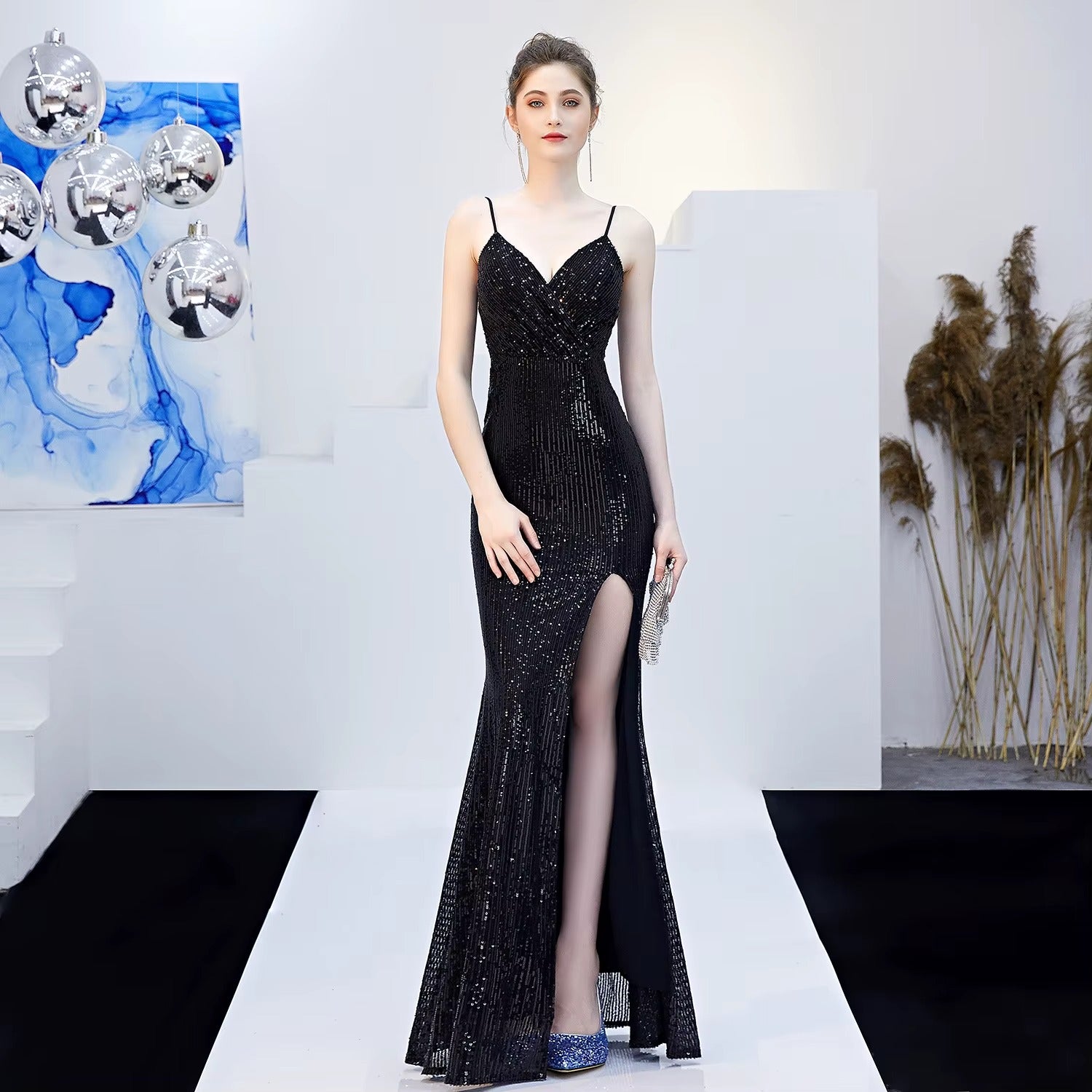 Sexy Sleeveless Slit Sequin Embroidered Maxi Evening Dress