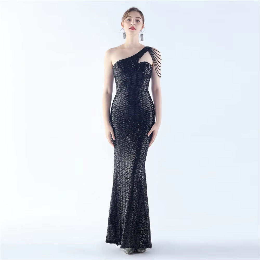 High-End One-Shoulder Diagonal Neckline Satin Evening Dress, Embroidered Magic Bead & Sequined Slim Fit