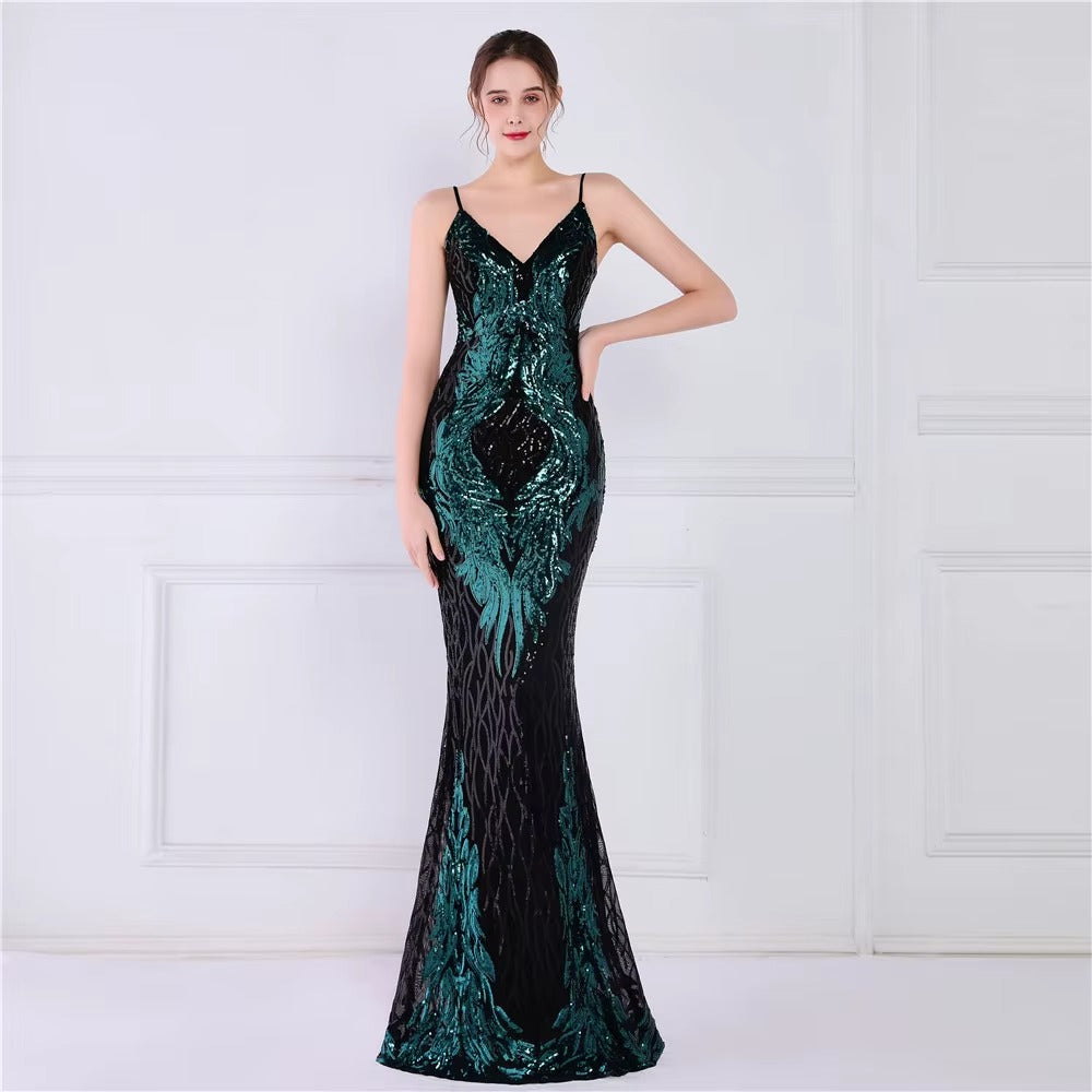 Customizable Elegant Satin Halter Fishtail Sequin Maxi Evening Dress