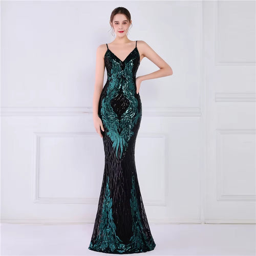 Customizable Elegant Satin Halter Fishtail Sequin Maxi Evening Dress