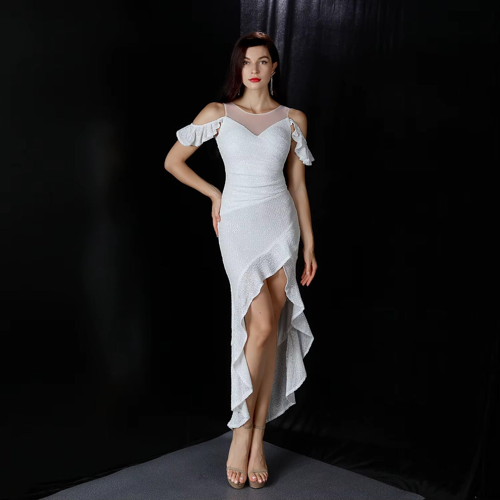 Sequined Satin Ball Gown, V-neck Off-the-shoulder, High-low Hem, Evening Party Dress