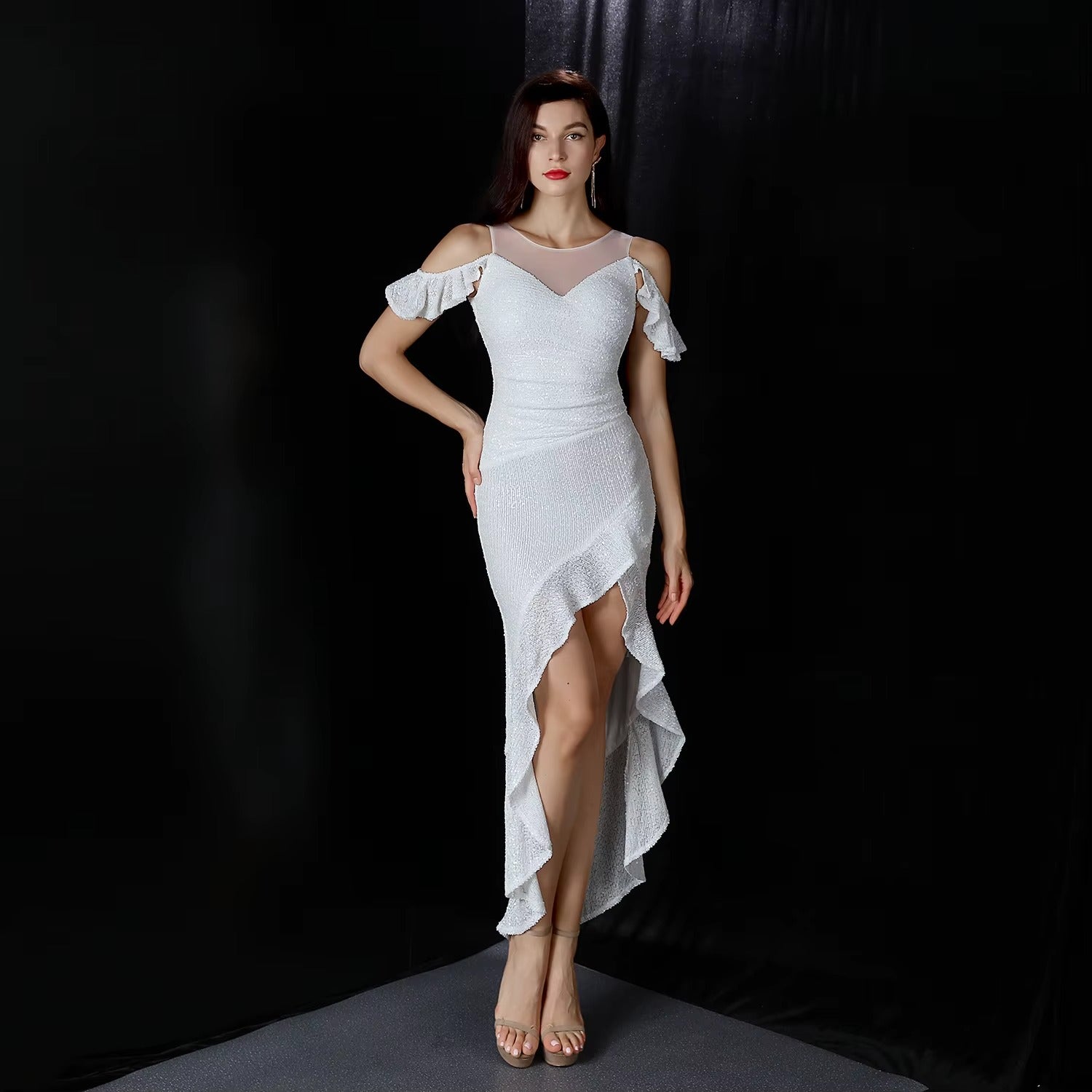 Sequined Satin Ball Gown, V-neck Off-the-shoulder, High-low Hem, Evening Party Dress