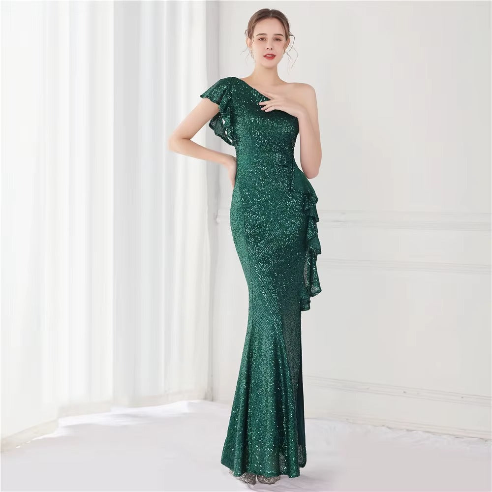 Elegant Champagne One-Shoulder Backless Satin Maxi Dress, Sequined Irregular Split Party Gown
