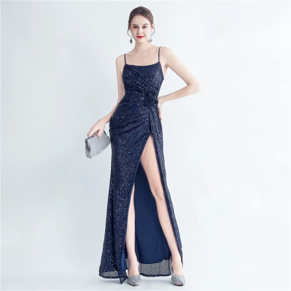 High-quality Sleeveless Sequin Satin Evening Dress, Embroidered Slit Sexy Prom Maxi Dress