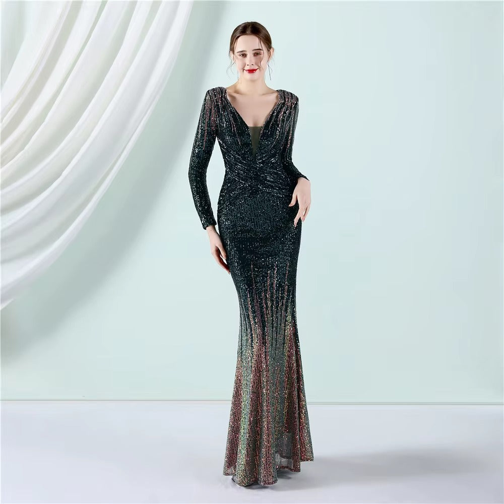 Elegant Luxury Long Sleeve Sequined Evening Gown, Embroidered High-Quality Party Dress