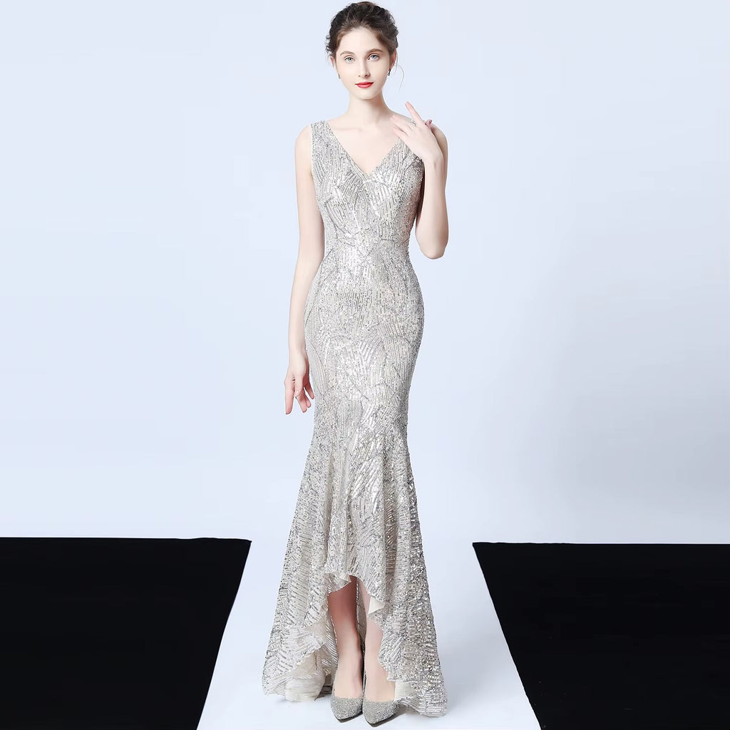 New High-low Embroidered Satin Evening Gown, Glitter Party Ball Dress