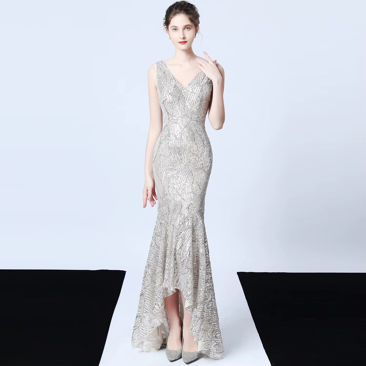 New High-low Embroidered Satin Evening Gown, Glitter Party Ball Dress