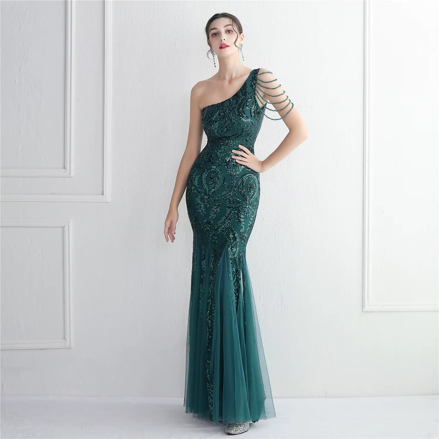 High-Quality Beaded Sequin Mermaid Evening Gown