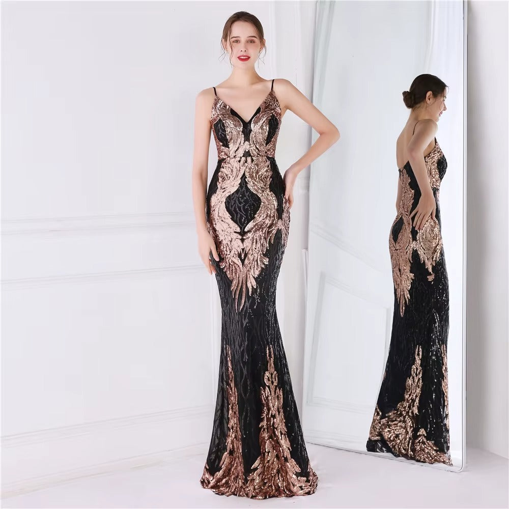 Customizable Elegant Satin Halter Fishtail Sequin Maxi Evening Dress