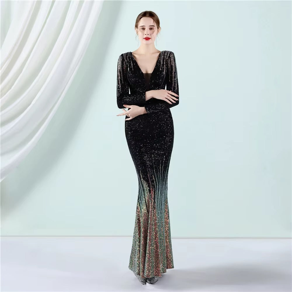 Elegant Luxury Long Sleeve Sequined Evening Gown, Embroidered High-Quality Party Dress