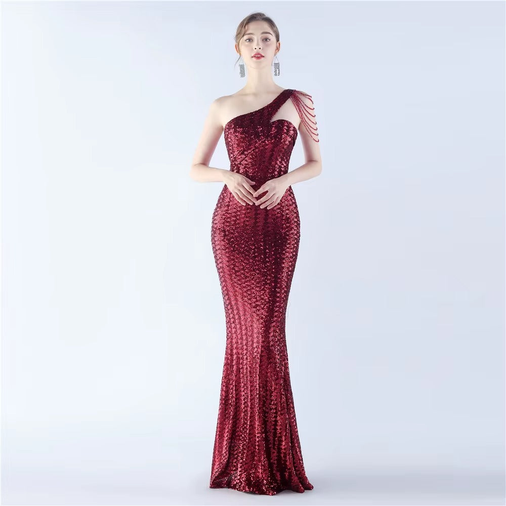High-End One-Shoulder Diagonal Neckline Satin Evening Dress, Embroidered Magic Bead & Sequined Slim Fit