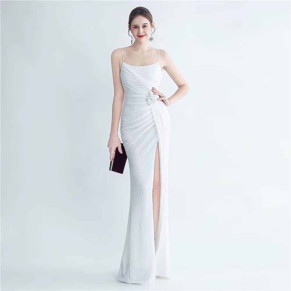 High-quality Sleeveless Sequin Satin Evening Dress, Embroidered Slit Sexy Prom Maxi Dress