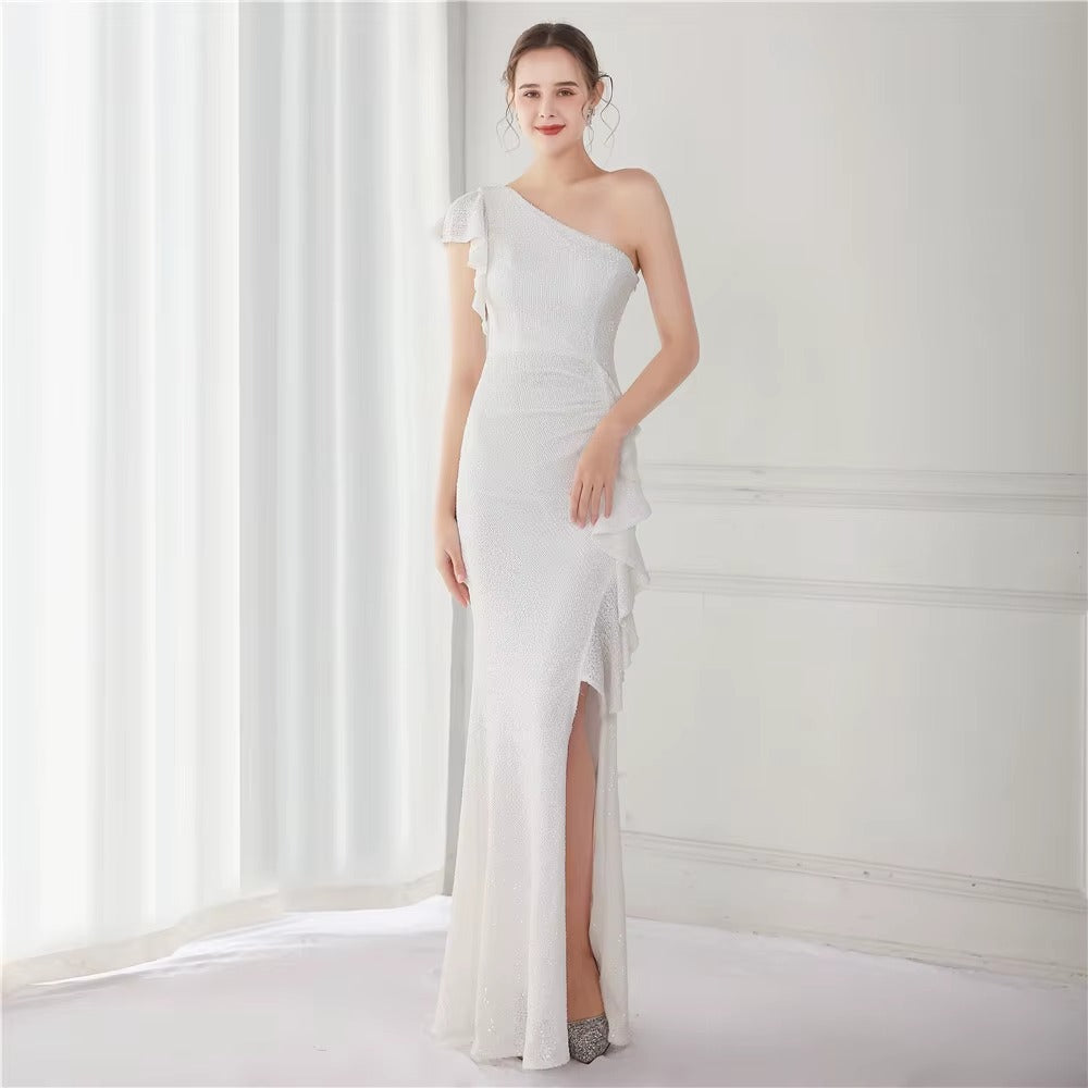 Elegant Champagne One-Shoulder Backless Satin Maxi Dress, Sequined Irregular Split Party Gown