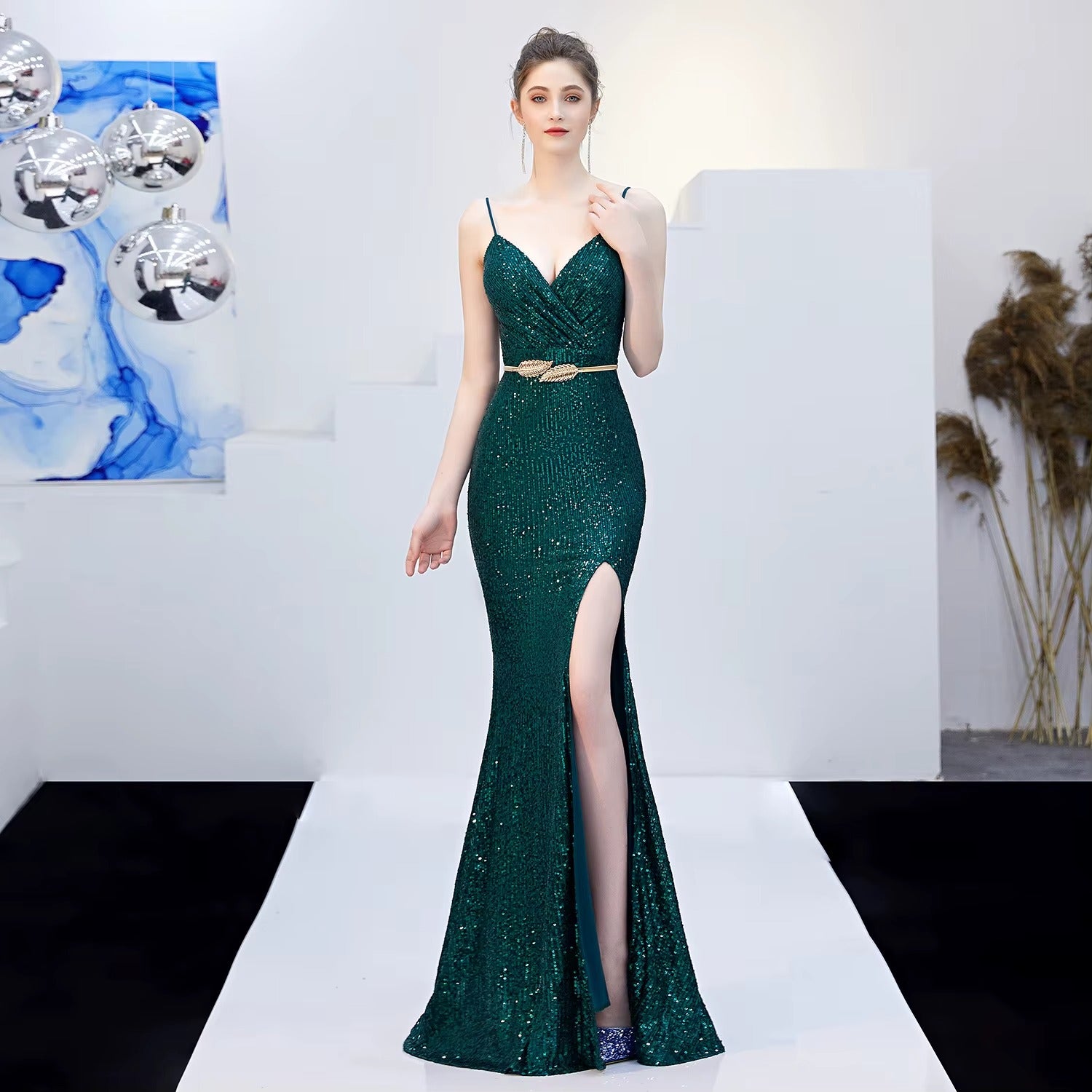 Sexy Sleeveless Slit Sequin Embroidered Maxi Evening Dress