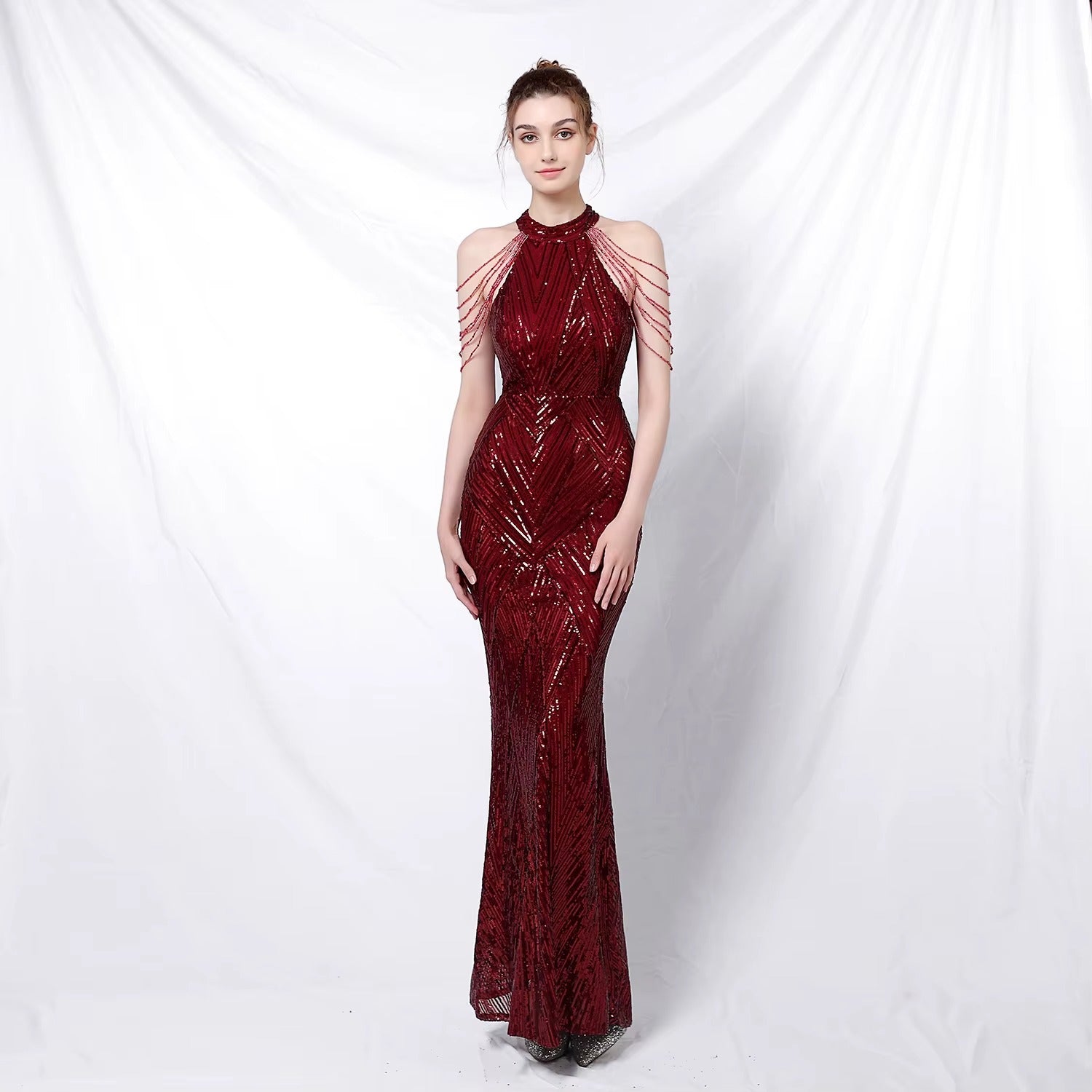 Elegant Embroidered Sequined Satin Halter Fishtail Evening Gown