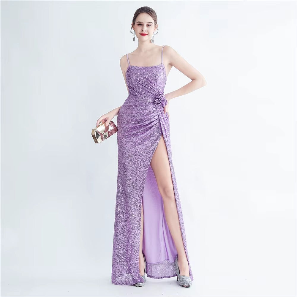 High-quality Sleeveless Sequin Satin Evening Dress, Embroidered Slit Sexy Prom Maxi Dress