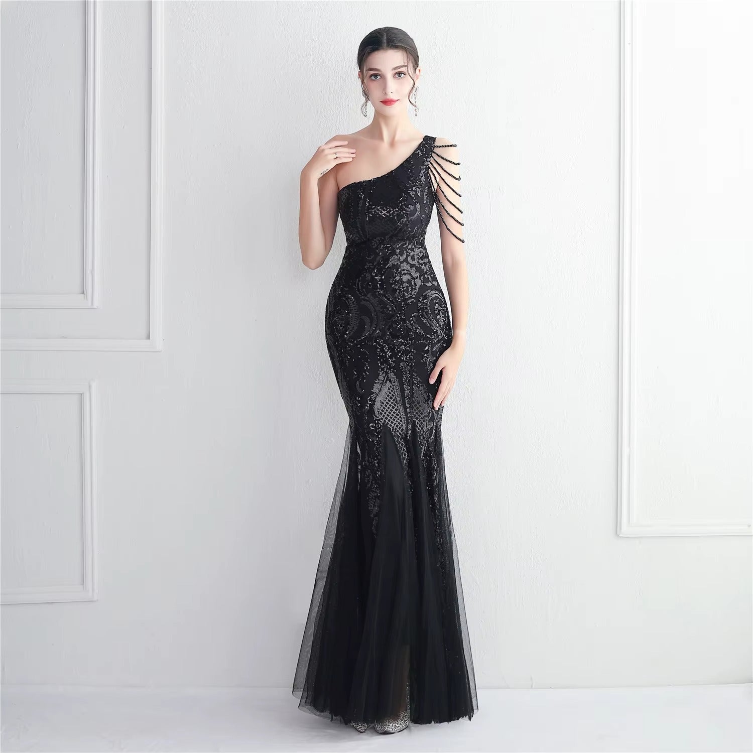 High-Quality Beaded Sequin Mermaid Evening Gown