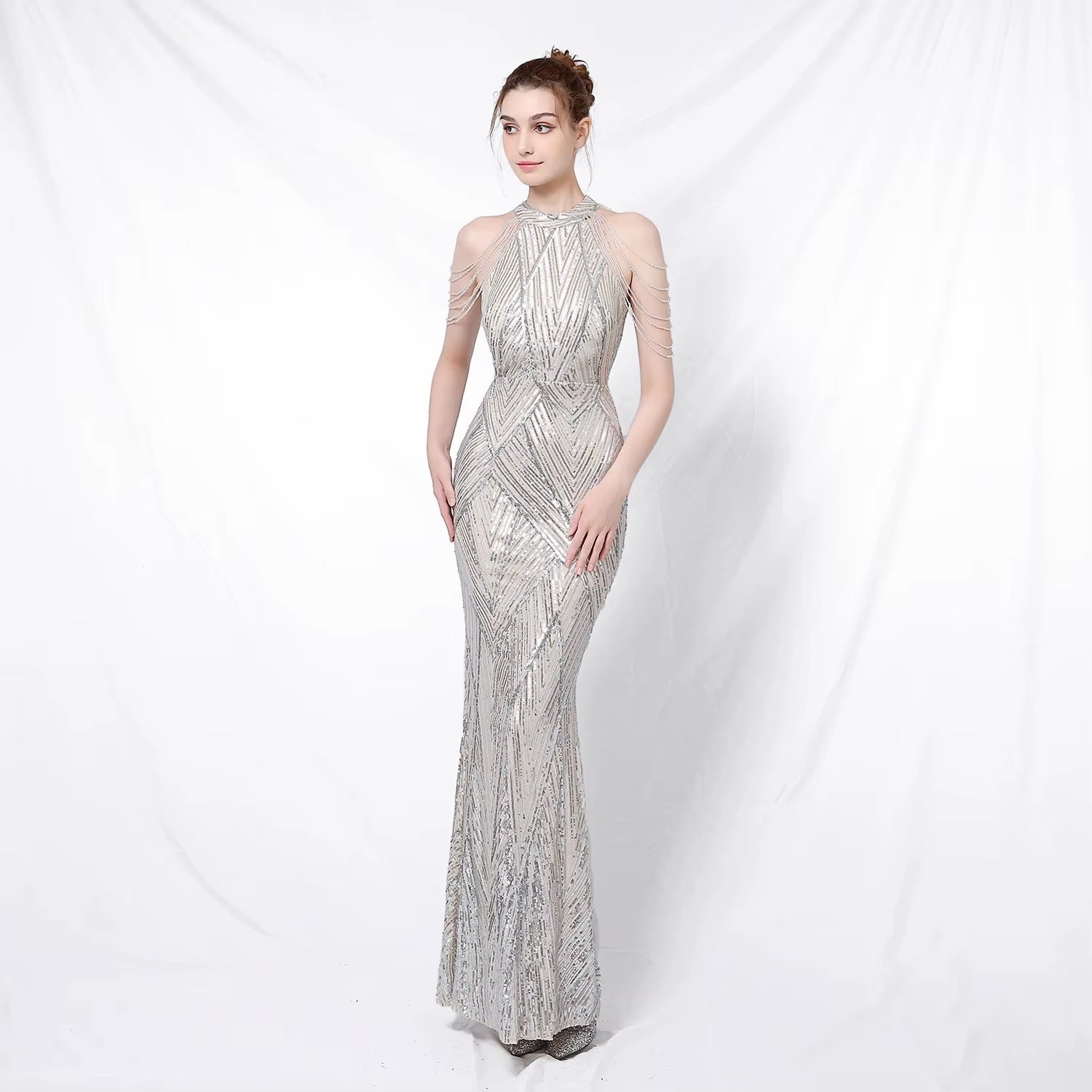 Elegant Embroidered Sequined Satin Halter Fishtail Evening Gown