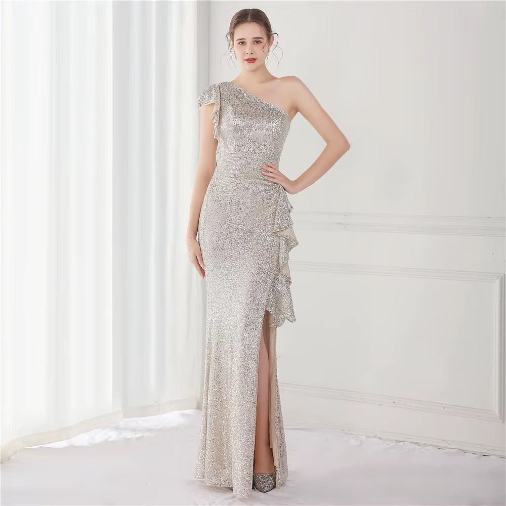 Elegant Champagne One-Shoulder Backless Satin Maxi Dress, Sequined Irregular Split Party Gown