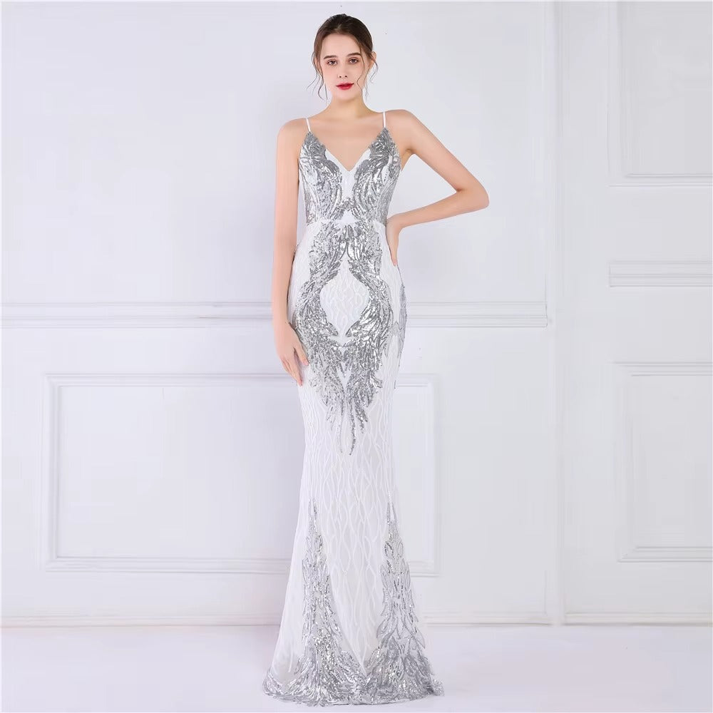 Customizable Elegant Satin Halter Fishtail Sequin Maxi Evening Dress