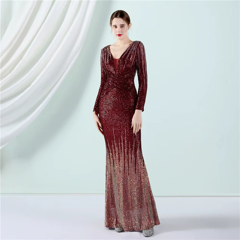 Elegant Luxury Long Sleeve Sequined Evening Gown, Embroidered High-Quality Party Dress