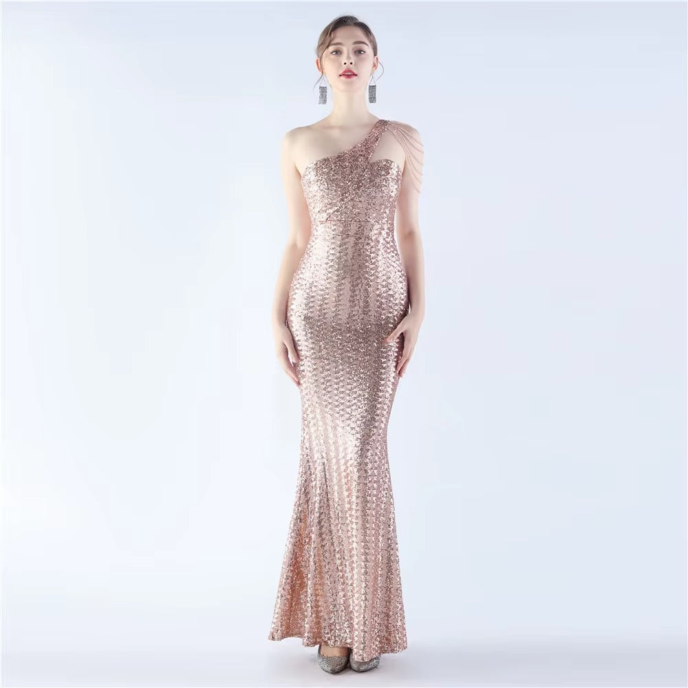 High-End One-Shoulder Diagonal Neckline Satin Evening Dress, Embroidered Magic Bead & Sequined Slim Fit