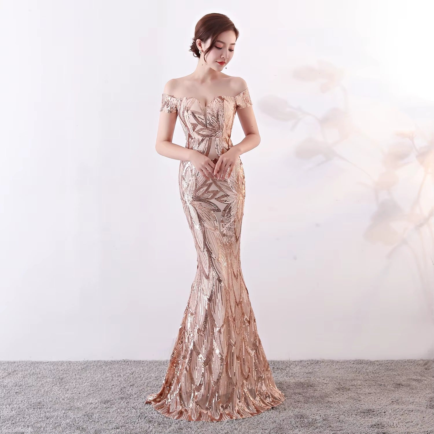 One-Shoulder Slim Sequin Fishtail Formal Evening Gown