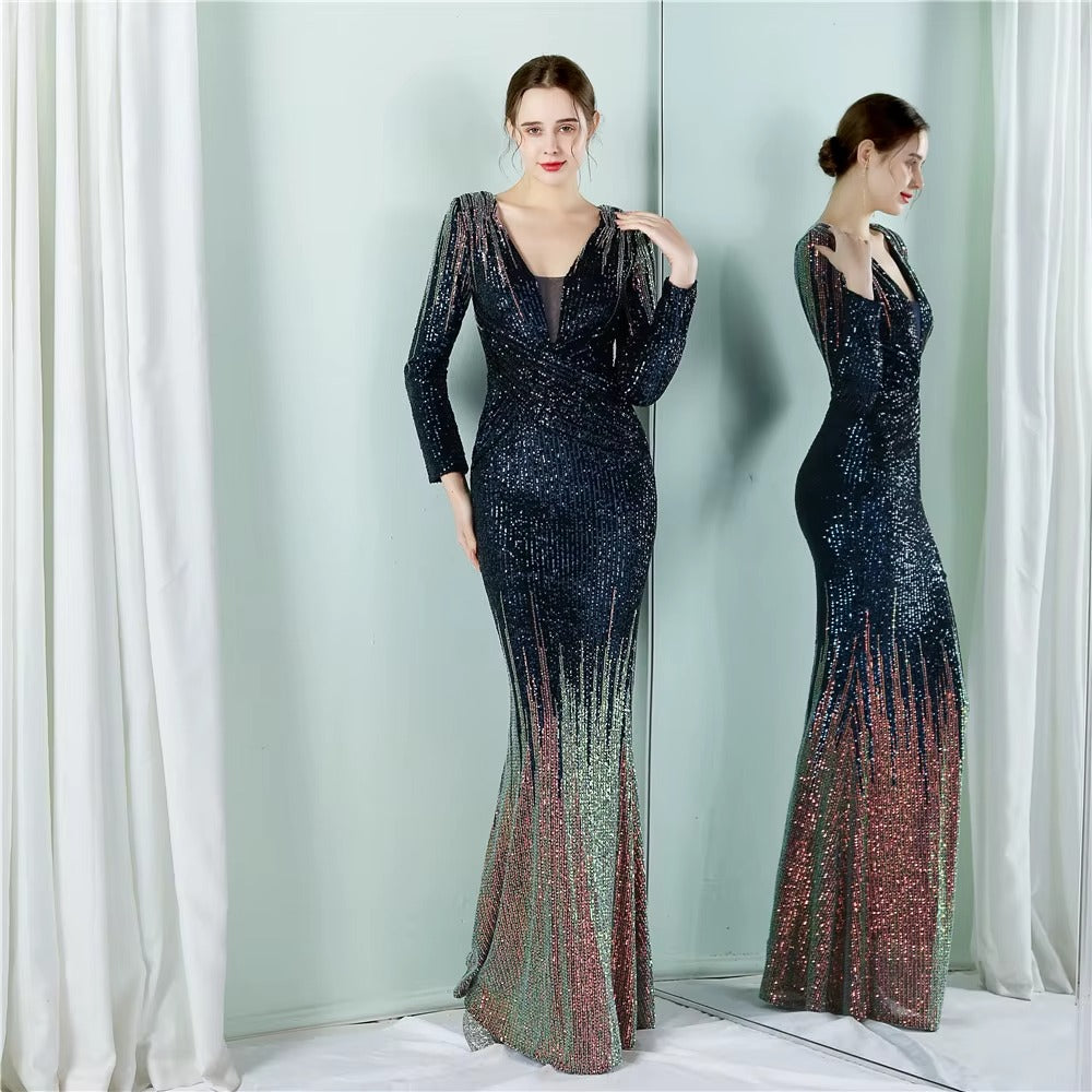 Elegant Luxury Long Sleeve Sequined Evening Gown, Embroidered High-Quality Party Dress