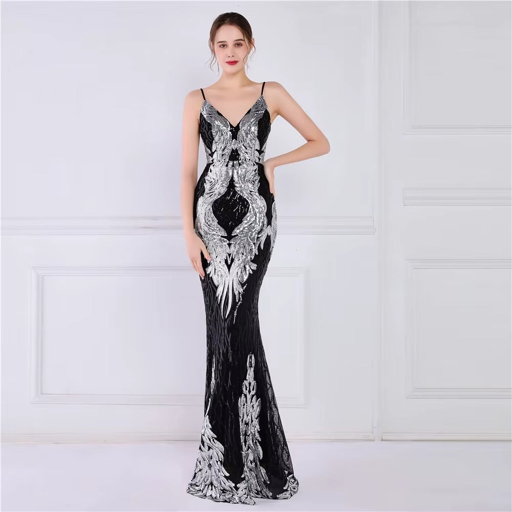 Customizable Elegant Satin Halter Fishtail Sequin Maxi Evening Dress