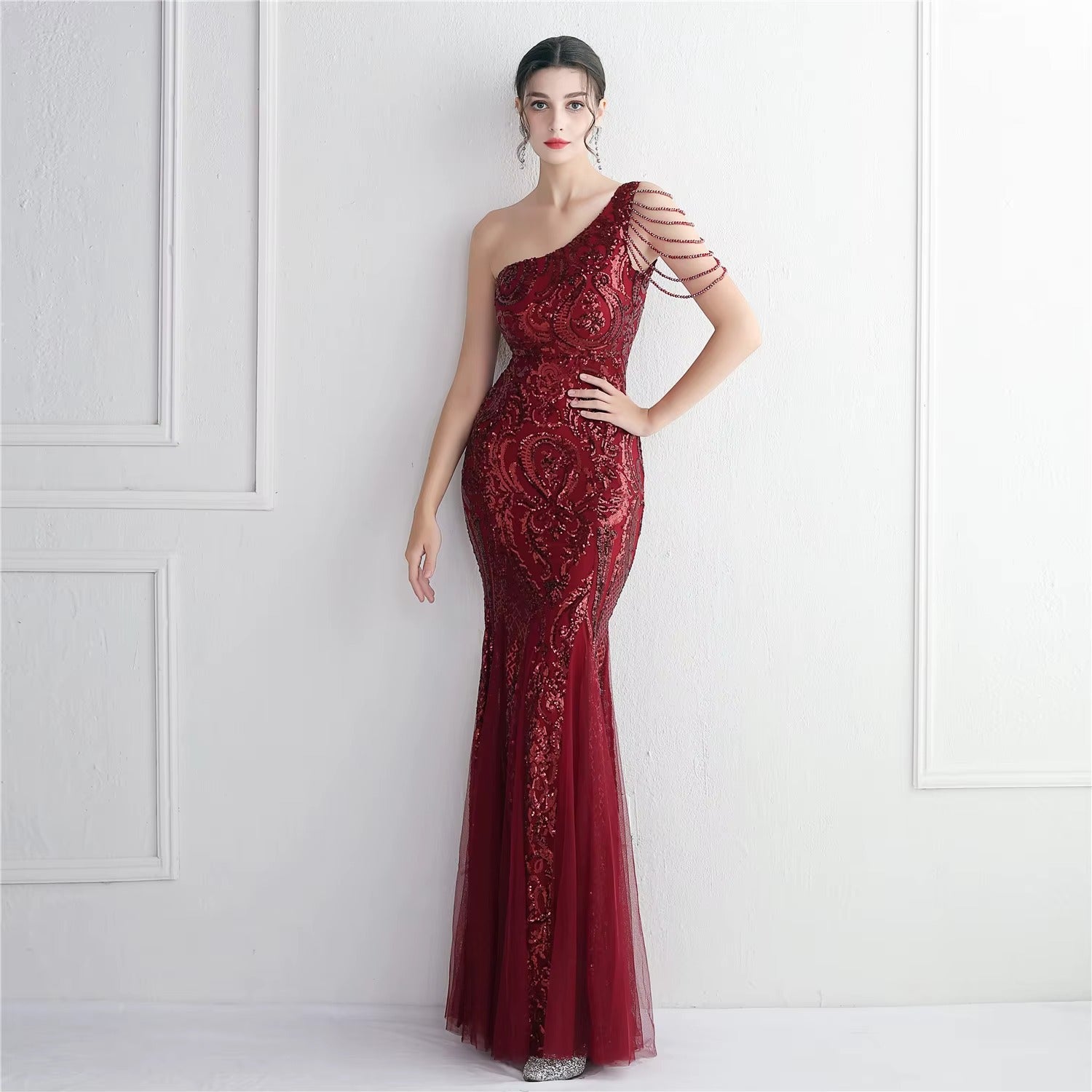 High-Quality Beaded Sequin Mermaid Evening Gown