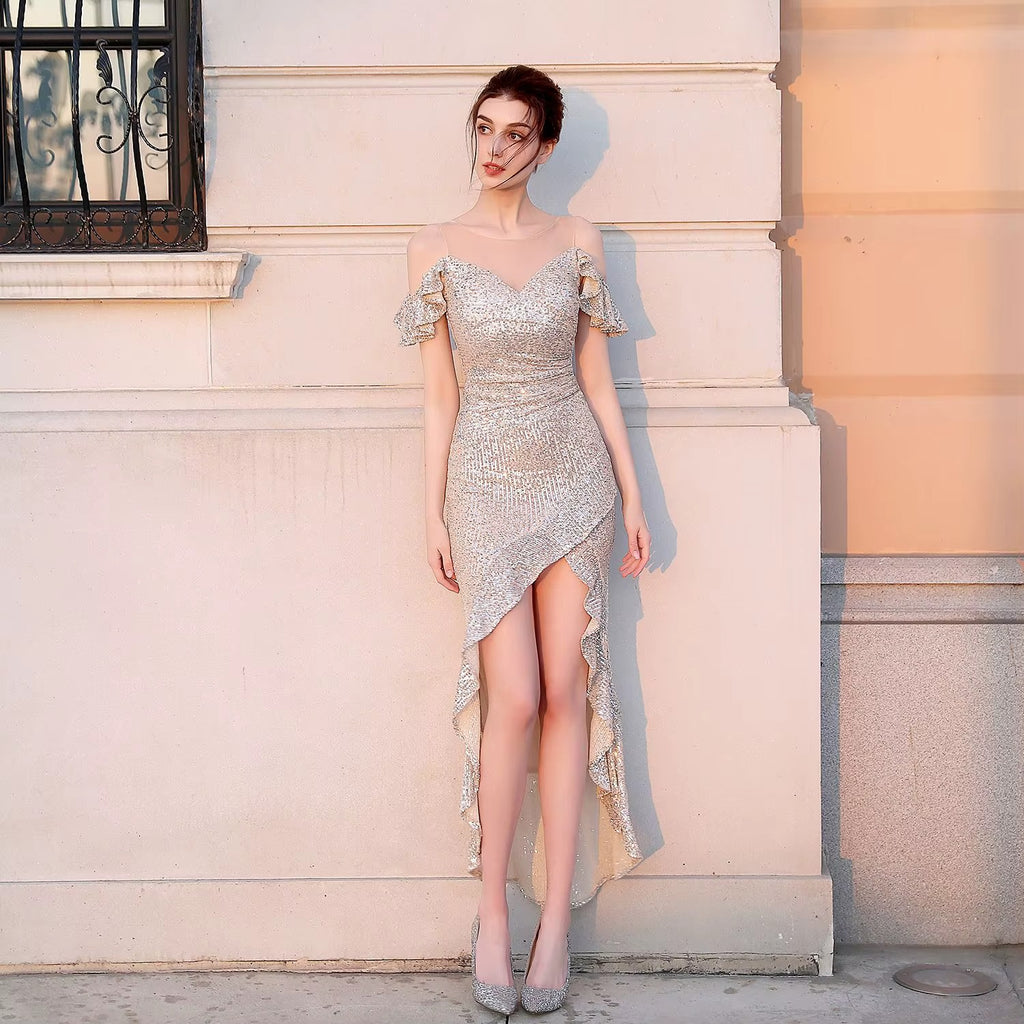 Sequined Satin Ball Gown, V-neck Off-the-shoulder, High-low Hem, Evening Party Dress