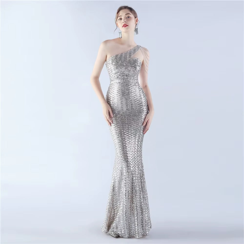 High-End One-Shoulder Diagonal Neckline Satin Evening Dress, Embroidered Magic Bead & Sequined Slim Fit