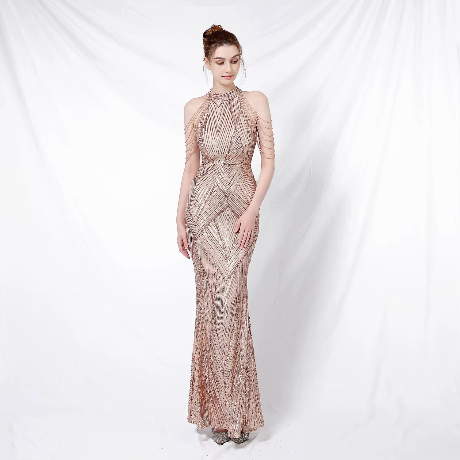 Elegant Embroidered Sequined Satin Halter Fishtail Evening Gown