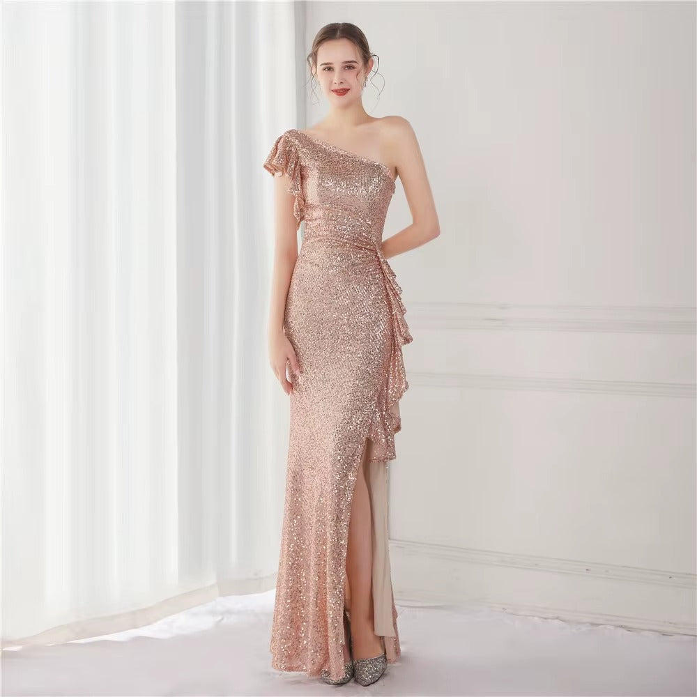 Elegant Champagne One-Shoulder Backless Satin Maxi Dress, Sequined Irregular Split Party Gown
