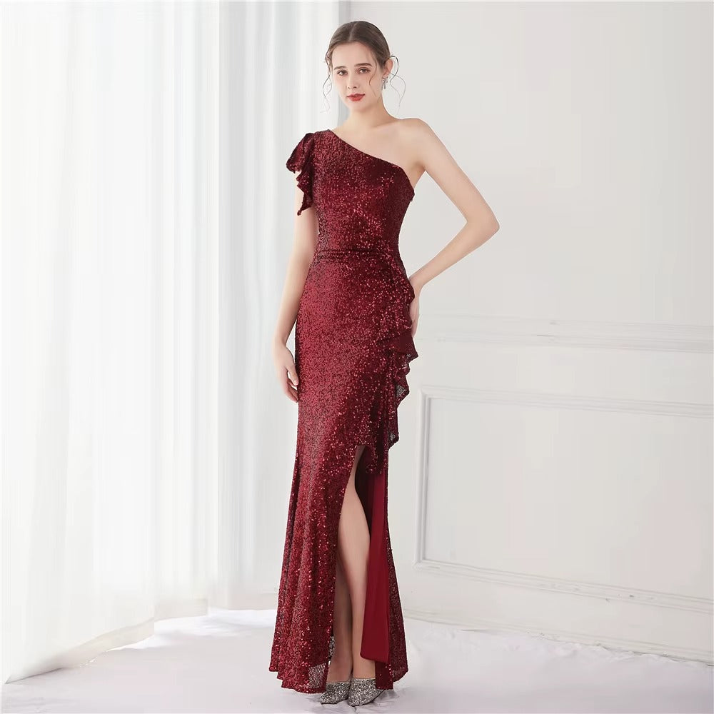 Elegant Champagne One-Shoulder Backless Satin Maxi Dress, Sequined Irregular Split Party Gown