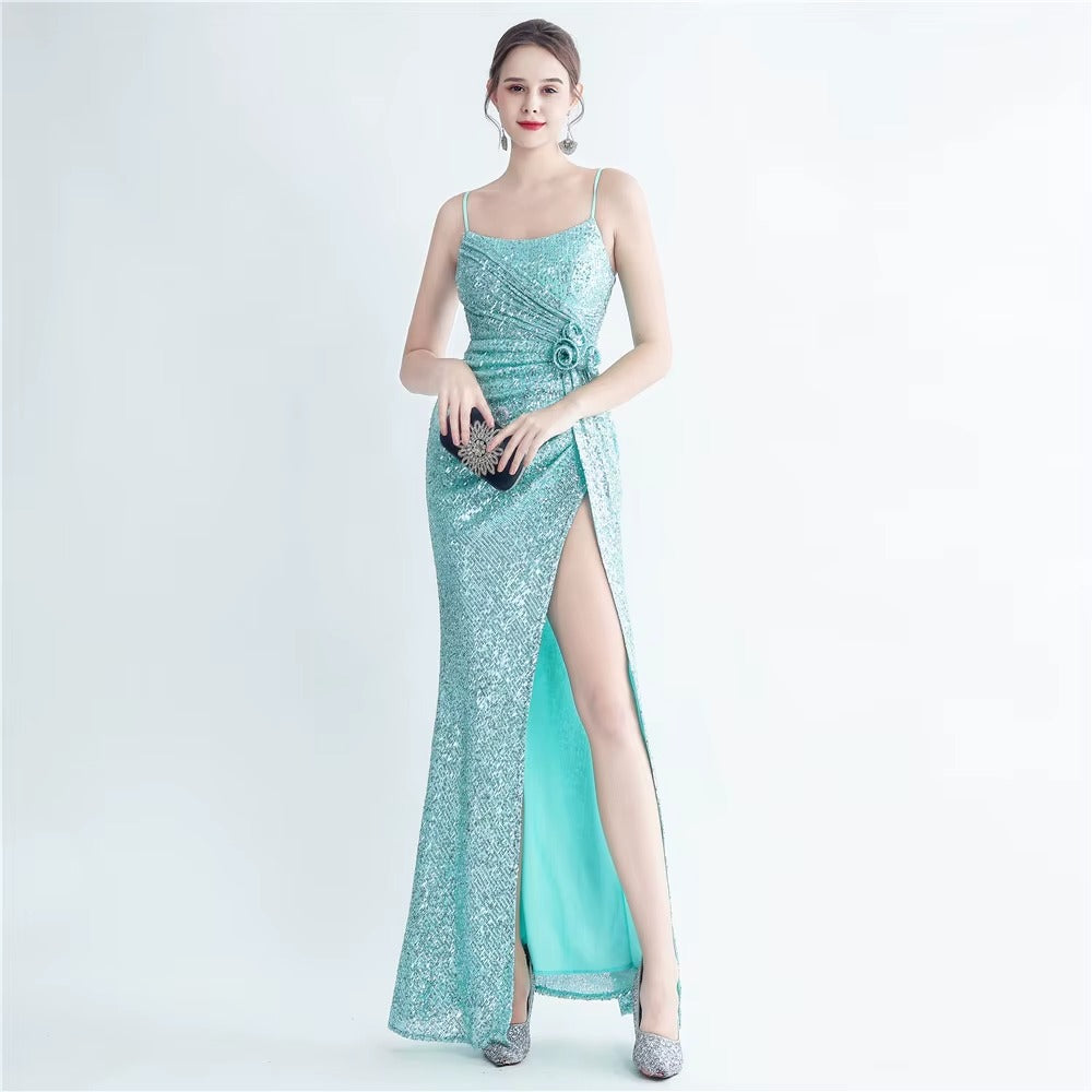 High-quality Sleeveless Sequin Satin Evening Dress, Embroidered Slit Sexy Prom Maxi Dress