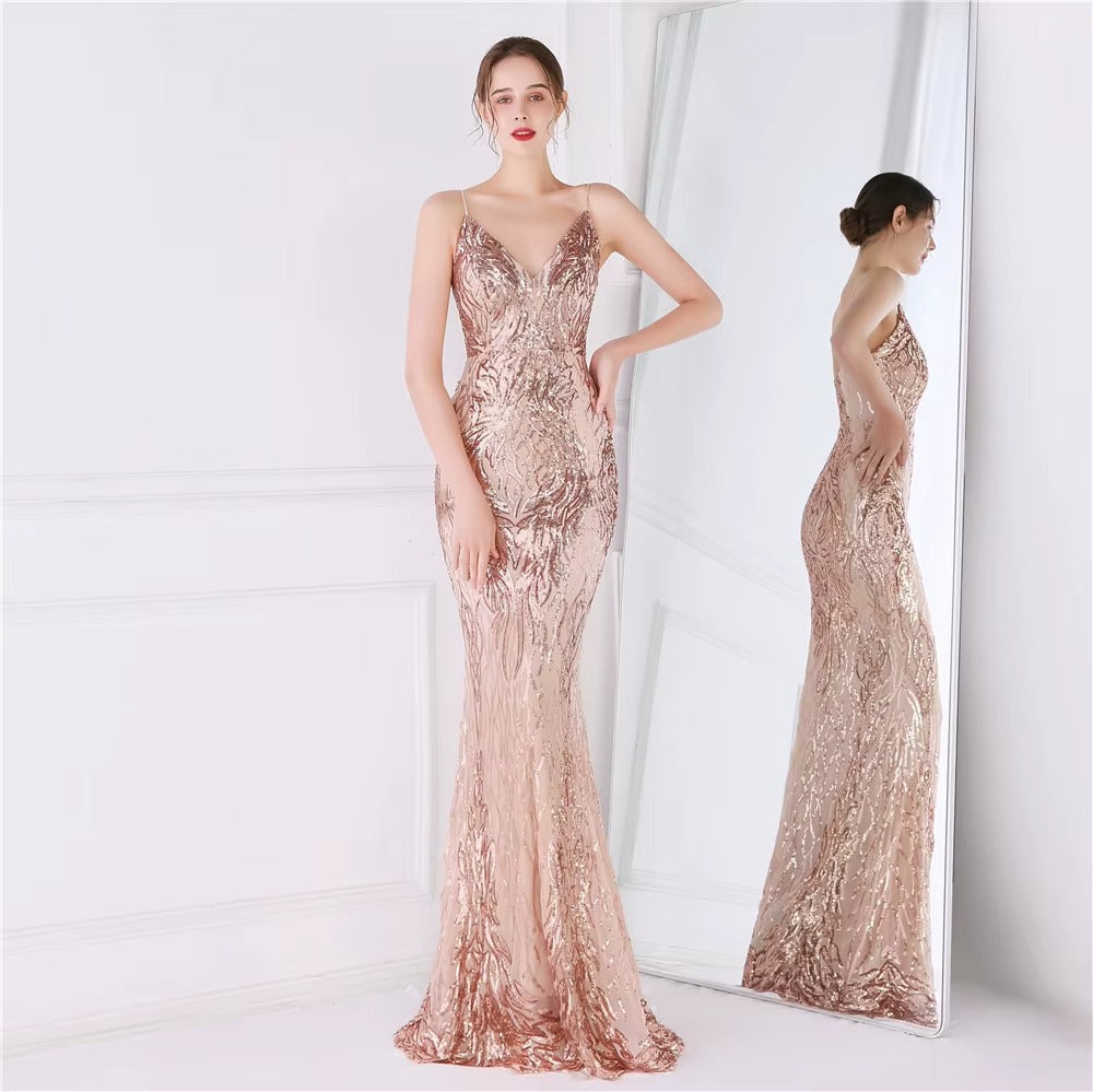 Customizable Elegant Satin Halter Fishtail Sequin Maxi Evening Dress