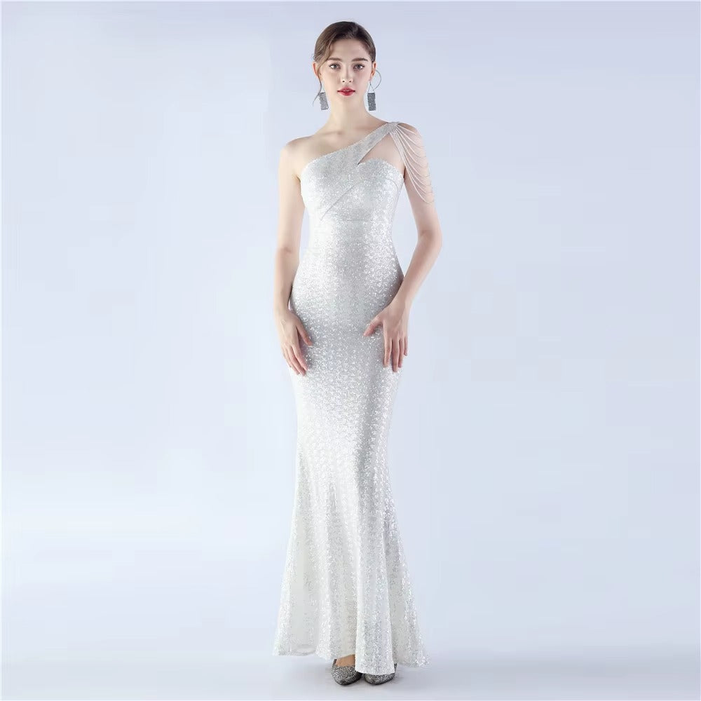 High-End One-Shoulder Diagonal Neckline Satin Evening Dress, Embroidered Magic Bead & Sequined Slim Fit